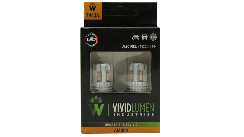 High-output 7443 Amber LED Bulbs for improved vehicle lighting and safety.